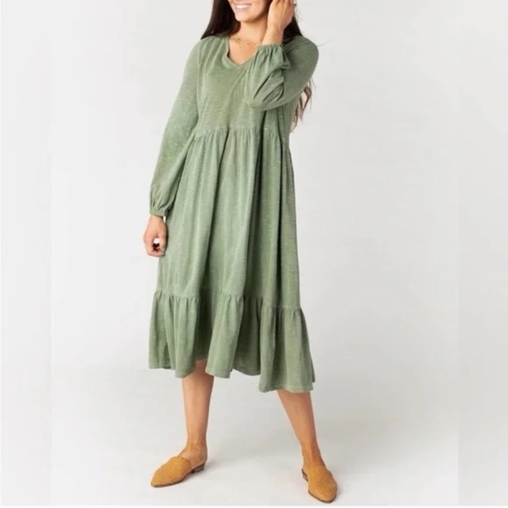 Anthropologie Green Tiered Sundress with Bishop Sleeves
